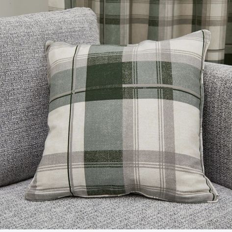 Dark Green Cushions, Olive Green Curtains, Tartan Cushions, Green Cushion Covers, Checked Cushions, Piped Cushion, Living Room Cushions, Cushion Cover Designs, Green Curtains