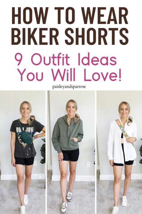 Long Shirt And Shorts Outfit, Styling Bicycle Shorts, How To Style Bike Shorts Summer, Shoes To Wear With Biker Shorts, Shirt And Biker Shorts Outfit, Casual Biker Shorts Outfit Summer, Biker Shirt Outfit Summer, How To Dress Biker Shorts, Spandex Outfits Shorts