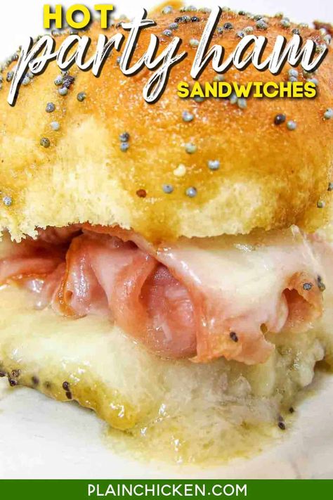 Hot Party Ham Sandwiches - Plain Chicken Party Ham Sandwiches, Hot Ham Sandwiches, Ham Cheese Sandwiches, Hawaiian Sandwiches, Plain Chicken Recipe, Hot Sandwich Recipes, Baked Sandwiches, Ham And Cheese Sliders, Cheese Sliders