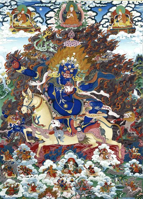 Buddhist Mythology, Palden Lhamo, Chinese Lion Dance, Thangka Painting, Ancient Maps, Tibetan Art, Tibetan Buddhism, Buddhist Art, Horror Art