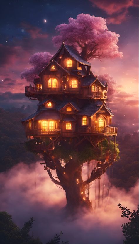 Enchanted magical treehouse castle in a cherry blossom Sakura tree Fantasy Lockscreen, Fantasy Treehouse, Magical Treehouse, Fairy Island, Fantasy Wallpaper, Magic Treehouse, Art Landscapes, Blossom Tree, Wallpaper Art