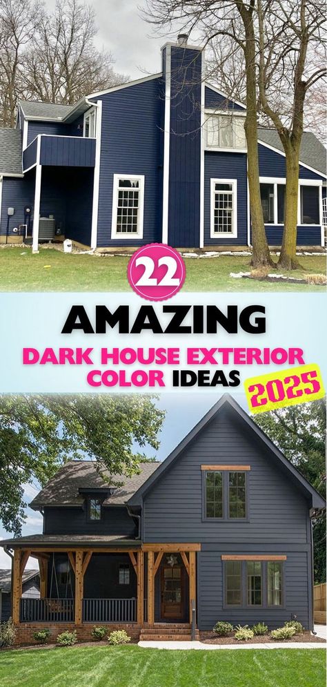 Explore bold and sophisticated dark exterior house color ideas that transform your home into a sleek and timeless architectural masterpiece. In The Navy Sherwin Williams Exterior, Sherwin Williams Cascades Exterior, Modern Home Color Exterior, Navy Brick House Exterior, Dark Blue Exterior House, Dark Teal House Exterior, Dark Blue Exterior House Colors, Dark Blue Siding, Exterior Color Ideas