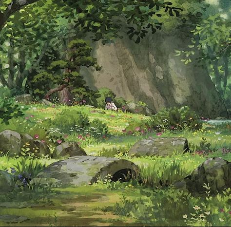 Green Anime Scenery, Arriety Ghibli Aesthetic, Ghilbi Nature, Green Studio Ghibli Aesthetic, Arriety Ghibli Icon, Ghibli Scenery Landscapes, Studio Ghibli Aesthetic Icon, Ghibli Aesthetic Scenery, Landscape Studio Ghibli