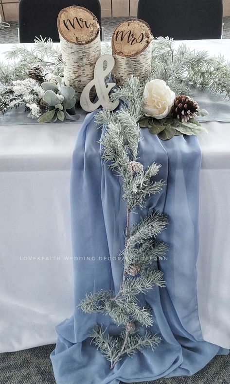 Head table décor.  Winter theme Woodsy Wedding Decor, Winter Wedding Arch, Ice Blue Weddings, Silver Winter Wedding, Wonderland Wedding Theme, Blue Winter Wedding, Blue Wedding Decorations, Winter Wedding Centerpieces, Snowy Wedding