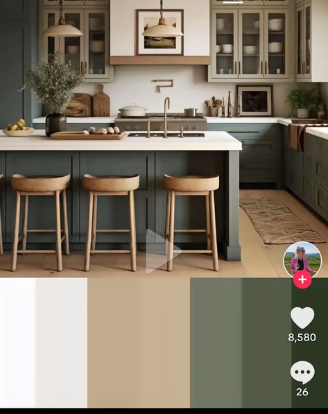 Cool Tone Kitchen Ideas, Earth Tone Kitchen Ideas, Grey Kitchen Furniture, Kitchen Cupboard Colours, Terrace Apartment, Kitchen Light Fixtures, Beautiful Kitchen Cabinets, Country Vibes, Green Kitchen Cabinets