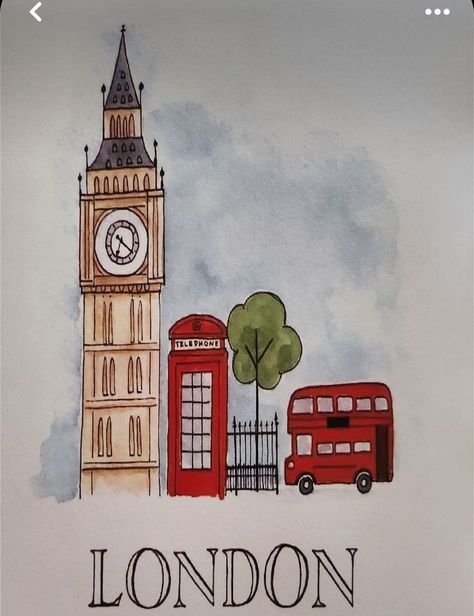 London Doodles Easy, London Watercolor Paintings Easy, Big Ben Dibujo, London Art Drawing, England Drawing, Big Ben Drawing, London Sketch, Tower Drawing, Bus Drawing