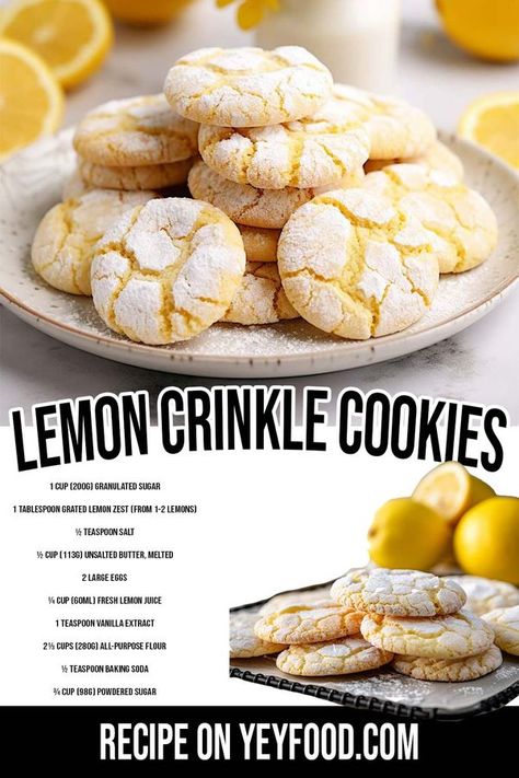 Lemon Crinkle Cookies Recipe, Hacks For Home, Crinkle Cookies Recipe, Lemon Crinkle Cookies, January Blues, Soda Recipe, Cookie Spread, Crinkle Cookies, No Sugar Foods