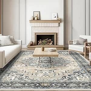 HILORUUG Washable Area Rug 9x12 - Living Room Farmhouse Vintage Oriental Rug Large Distressed Non-Slip Stain Resistant Carpet for Bedroom Dining Room Home Office (9x12 Blue/Cream) Chic Area Rug, Living Room Rugs, Area Rug Living Room, Dining Room Home Office, Indoor Carpet, 9x12 Area Rugs, Living Room Area Rugs, Bedroom Carpet, Washable Area Rugs