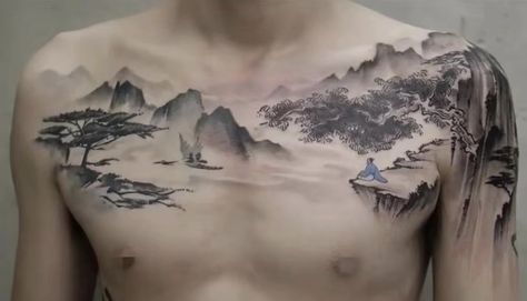 Traditional Chinese Tattoo, Tattoo Font For Men, Landscape Tattoo, Chinese Tattoo, Chest Tattoo Men, Asian Tattoos, Instagram Tattoo, Mountain Tattoo, Spine Tattoos