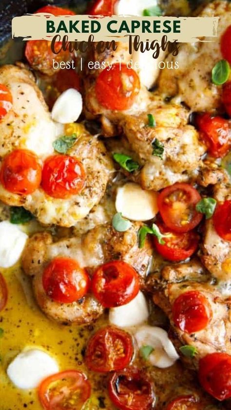 Healthy Boneless Skinless Chicken Thigh Recipes, Baked Caprese, Balsamic Vinegar Glaze, Chicken Caprese Recipe, Chicken Thighs In Oven, Baked Caprese Chicken, Baked Boneless Chicken Thighs, Party Meals, Cooking Therapy