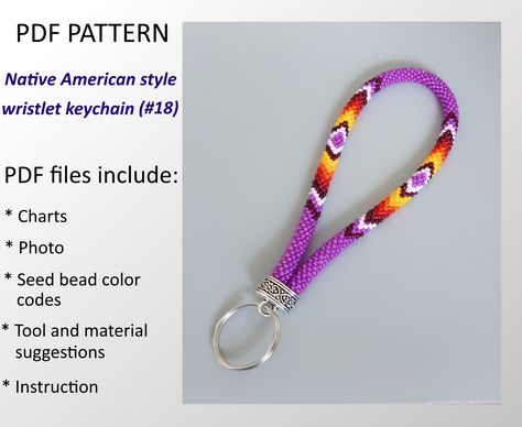 PDF Pattern Native American inspired, Indian style wristlet keychain, DIY bead crochet Rope key chain Seed Bead Keychain Pattern, Wristlet Keychain Diy, Crochet Wristlet Keychain, Crochet Wristlet, Wristlet Patterns, Seed Beads Diy, Slip Stitch Crochet, Beaded Wristlet, Native Beading Patterns