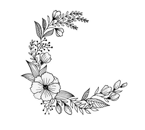 Floral Wreath Drawing, Tatts Ideas, Wreath Tattoo, Drawing Designs, Wreath Illustration, Fantasy Ideas, Draw Hands, Simple Hand Embroidery Patterns, Flower Line Drawings