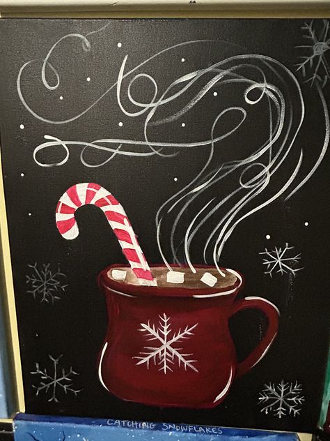 Easy Christmas Things To Paint, Cute Christmas Canvas Paintings, Black Canvas Christmas Painting, Easy Black Canvas Painting Ideas, Snowflake Canvas Painting, Simple Christmas Painting Ideas, Canvas Christmas Ideas, Christmas Chalkboard Art Easy, Holiday Canvas Painting Ideas