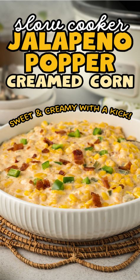 Jalapeno popper style creamed corn recipe Corn Side Dish Recipes, Cream Corn Crockpot, Jalapeno Corn Dip, Side Dishes For Ribs, Corn Cream, Crockpot Side Dishes, Fried Meat, Cream Cheese Corn, Corn Side Dish