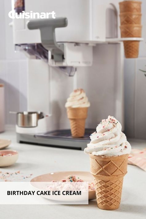 Celebrate #NationalIceCreamDay with Birthday Cake Ice Cream! This familiar favorite is fun to make with the whole family using the #Cuisinart Mix It In Ice Soft Serve Ice Cream maker. Simply churn the ice cream, add your favorite toppings (even hot fudge from the keep warm station!), and enjoy in as little as 30 minutes. #birthdaycakeicecream #icecream #summerdessert #icecreammaker #icecreamrecipe #homemadeicecream #dessert #dessertideas Recipe Birthday Cake, Soft Serve Ice Cream Recipes, Cuisinart Recipes, Birthday Cake Ice Cream, National Icecream Day, Ice Cream Birthday Cake, Cake Ice Cream, Ice Cream Maker Recipes, Serve Ice Cream