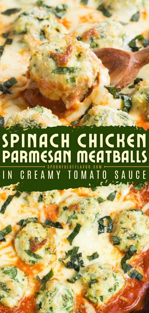 Spinach Chicken Parmesan Meatballs in Creamy Tomato Sauce, easy dinner ideas, easy chicken recipes for dinner Chicken Florentine Meatballs, Ground Chicken And Cauliflower Recipes, Ground Chicken Parmesan Meatballs, Basil Parmesan Chicken Meatballs, Chicken Spinach Feta Meatballs, Recipes Using Chicken Meatballs, Ground Chicken Toddler Recipes, Ground Chicken Recipes For Dinner Casseroles, Baked Chicken Ricotta Meatballs