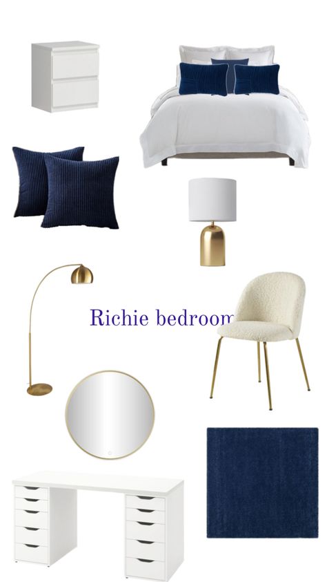 Navy Room Decor, Blue Themed Bedroom, Bedroom Ideas Blue, Comfy Room Ideas, Blue And Gold Bedroom, Room Organization Bedroom, White Room Decor, Blue Bedroom Decor, Room London