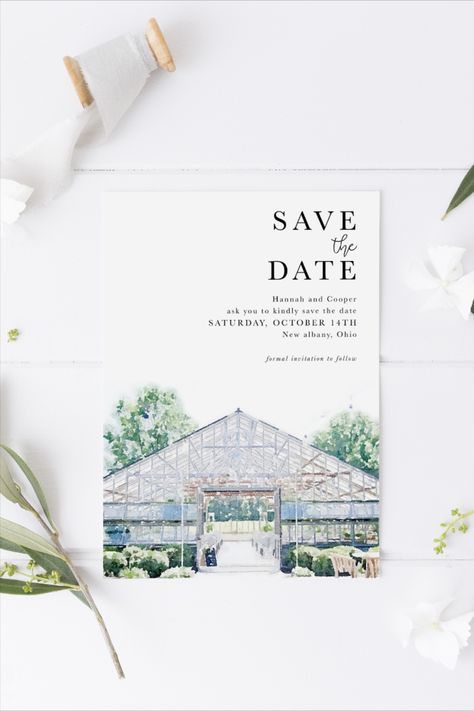 Painted Save The Date, Save The Date Ideas Watercolor, Garden Party Wedding Save The Date, Watercolor Art Wedding, Watercolor Wedding Cards, Watercolour Save The Date, Watercolor Venue Wedding Invitations, Save The Date Venue Sketch, Watercolor Venue Save The Date