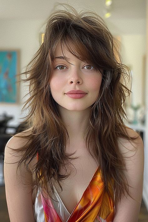 Must-Try Shag Haircuts and Hairstyles in 2024 Layered Shag With Fringe Straight Hair, Shag Unstyled, Seventies Shag Haircut, 1970 Shag Haircut For Women, Layered Shag With Fringe, Tousled 70s Shag, Shag Haircut 2024, Short Haircuts With Bangs, Shaggy Bob Haircut