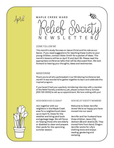 Lively Blooms: A Year’s Worth of Relief Society Newsletter Templates + FREE Editable PDF Sample – Hang a Ribbon on the Moon Rs Newsletter Template Free Printables, Lds Relief Society Newsletter Template Free, Relief Society Presidency Meeting Agenda Free Printables, Relief Society Newsletter Ideas, Relief Society Newsletter Templates Free, Lds Relief Society Bulletin Board Ideas, Relief Society Newsletter, Lds Relief Society Activities, Monthly Newsletter Template