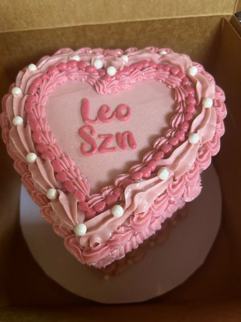 Pink, heart-shaped, cake that says “Leo Season” Leo Zodiac Cake Ideas, Leo Szn Cake, Birthday Cake Leo, Pink Leo Birthday Cake, Leo Zodiac Birthday Cake Aesthetic, Leo Zodiac Aesthetic Wallpaper Pink, Bunny Tattoos, Leo Birthday, Birthday Cake