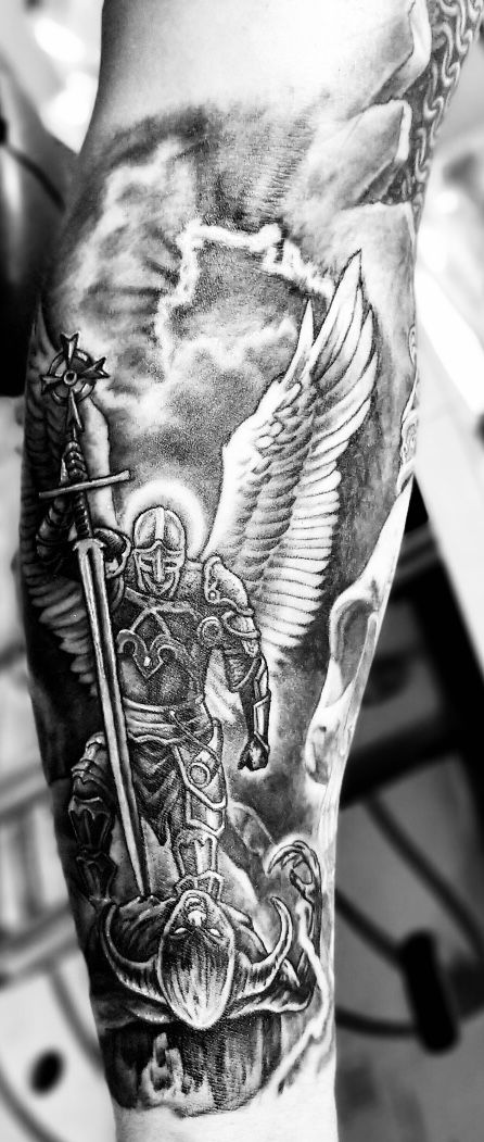 Angel demon tattoo Angel Defeating Demon Tattoo, Angel And Demon Tattoo Sleeve, Angel And Demon Tattoo Men, Angels Vs Demons Tattoo, Angel Vs Demon Tattoo, Saint Michael Tattoo, Angel Demon Tattoo, Demons Tattoo, Angle Tattoo