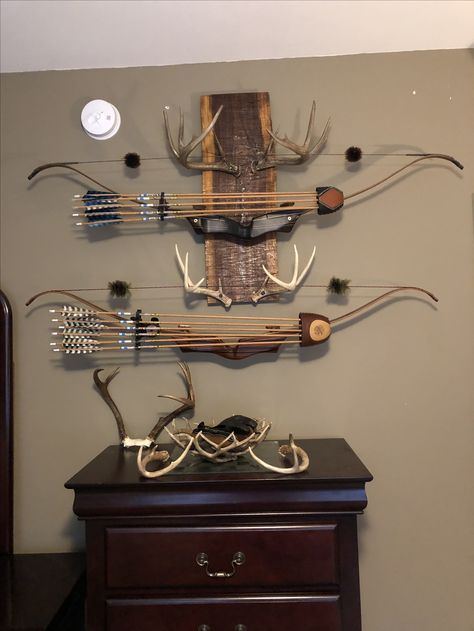 Bow Hanger Archery, Bow Rack Archery Diy, Rustic Playroom, Hunting Room Design, Diy Bow Holder, Deer Hunting Decor, Bow Rack, Wood Storage Rack, Custom Hangers