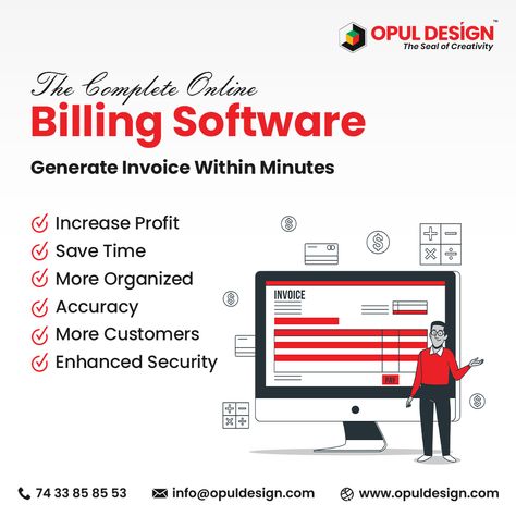 The Complete Online Billing Software. Generate Invoice Within Minutes For more information +91 7433858553 www.opuldesign.com info@opuldesign.com #billing #software #programming #developer #technology Invoicing Software, Billing Software, Poster Layout, Small Business Owners, Small Business Owner, Business Owners, Software Development, Business Owner, Programming