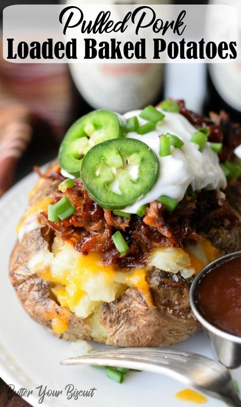 These Pulled Pork Loaded Baked Potato recipe are hearty enough to be the main course and paired with a salad or slaw you have a delicious meal. You have got to try this one!! #pulledpork #bakedpotato #loadedbakedpotato via @butteryobiscuit Bbq Baked Potatoes, Baked Ribs Recipe, Pulled Pork Leftover Recipes, Baked Bbq Ribs, Baked Potato Bar, Stuffed Baked Potatoes, Pulled Pork Leftovers, Leftover Pork, Baked Ribs