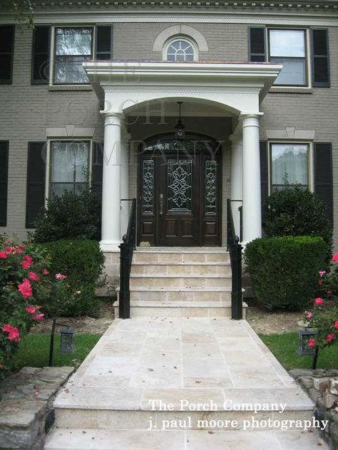 Stone Front Porch Ideas, Porch Roof Styles, Cabin Porch Ideas, Stone Front Porch, House Facade Design, Front Porch Pictures, Front Porch Stone, Portico Design, Front Porch Steps