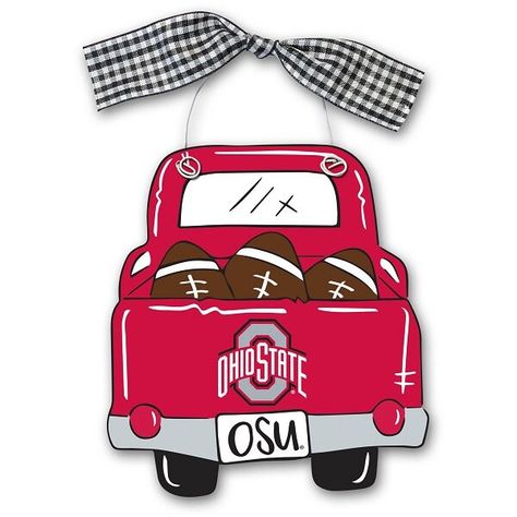 "Show your spirit with this officially licensed NCAA Ohio State truck ornament!  Our shaped wood Ohio State truck ornament sign is decorated to look an old pickup truck with the Ohio State University logo on the tailgate and the words OSU on the license plate. It features 3 footballs in the bed of the truck and includes a stiff white wire hanger and checkered bow.  The design is on one side of the sign, the other side is all black.  The construction is printed paper on mdf.  This is the perfect Truck Ornament, Tiger Wood, Sports Wreaths, Old Pickup, Old Pickup Trucks, Gifts For Football Fans, Cute Christmas Tree, South Carolina Gamecocks, Louisville Cardinals