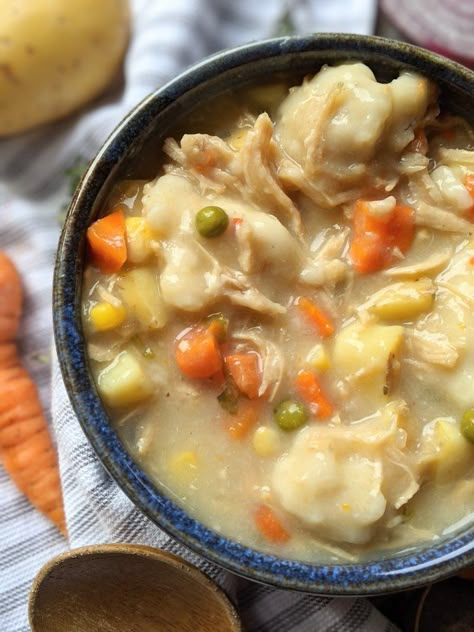 Dairy Free Chicken And Dumplings, Gluten Free Chicken And Dumplings Recipe, Dutch Oven Chicken And Dumplings, Oven Chicken And Dumplings, Gf Soups, Allergy Diet, Gluten Free Soups, Dutch Oven Chicken, Chicken Dumpling Soup