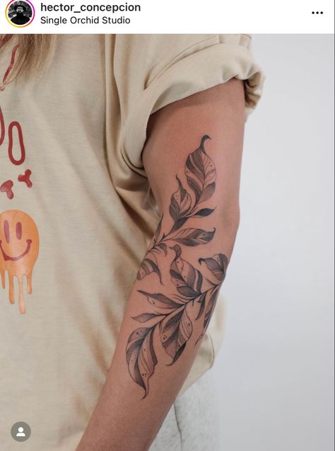 Full Arm Plant Tattoo, Bicep Cover Up Tattoos For Women, Masculine Vine Tattoo, Wraparound Leaves Tattoo, Plant Vine Tattoo Arm, Plant Tattoos Arm, Fall Leaves Tattoo Autumn, Plant Arm Sleeve Tattoo, Pothos Tattoo Sleeve