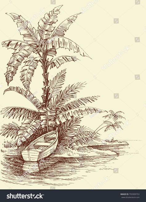 Boat on shore, tropical island drawing. Relaxation and water sports concept #Ad , #Ad, #tropical#island#Boat#shore Tropical Island Drawing, Island Drawing, Jungle Drawing, Island Artwork, Landscape Pencil Drawings, Beach Drawing, Boat Drawing, Water Tattoo, Drawing Competition