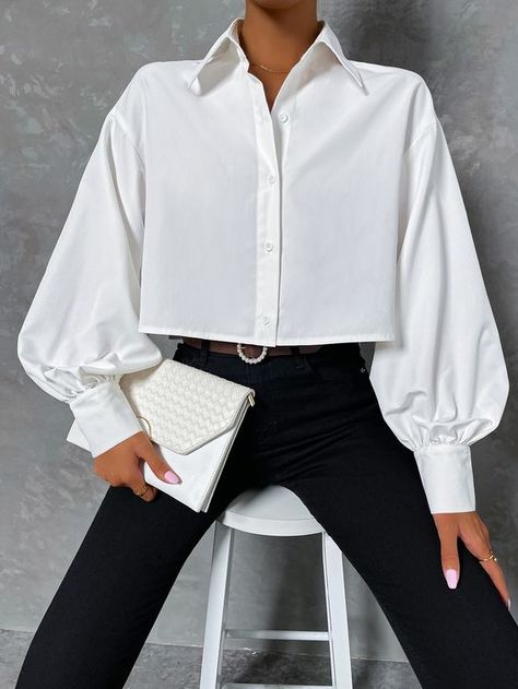 White Casual Long Sleeve Recycled Polyester Plain Shirt Embellished Non-Stretch Spring/Summer Women Tops, Blouses & Tee High Collar Shirts, Lantern Sleeved Blouses, Women Blouses, Style Cardigan, Moda Vintage, Plain Shirts, Elegant Shirt, Women Shirts Blouse, Lantern Sleeve