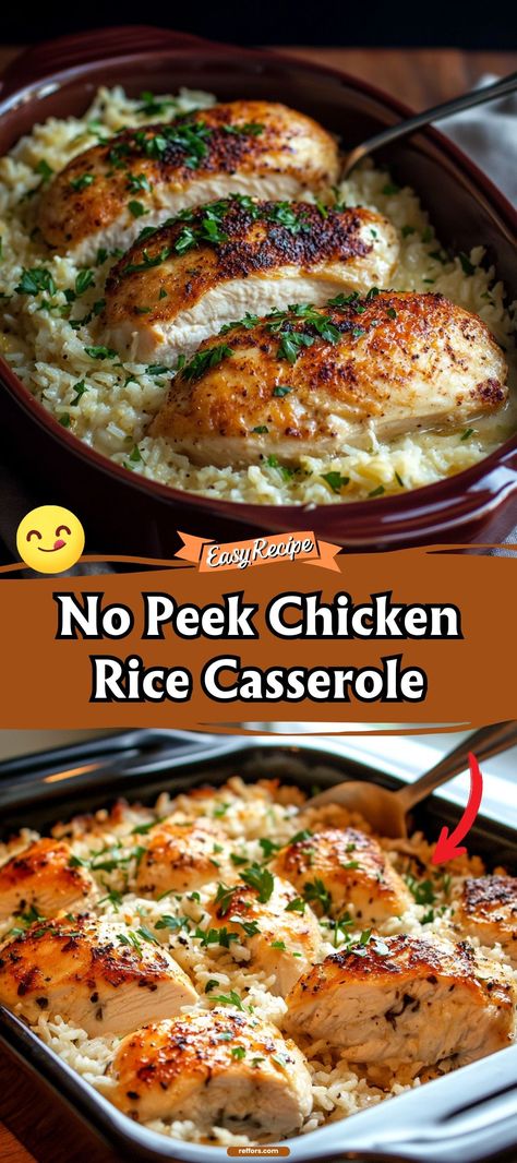 Discover the magic of simplicity with our No Peek Chicken Rice Casserole. Just mix, cover, and bake until you're ready to reveal a moist and flavorful combination of chicken and rice that cooks to perfection on its own. #NoPeekCasserole #EasyDinner #ChickenRice Chicken And Rice No Peek, Chicken And Rice Bake Healthy, Chicken Rice Pilaf Recipes, Good Chicken And Rice Recipes, Asian Chicken And Rice Casserole, Rice A Roni Chicken Bake, Baked Chicken With Rice Recipes, No Peek Chicken Rice Casserole, Chicken And Rice Dump And Bake