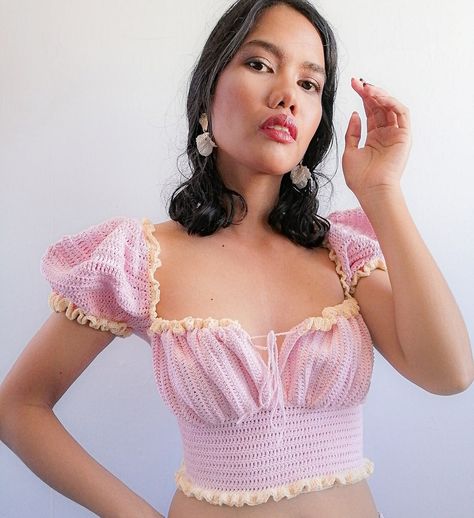 Crochet Top Puffy Sleeves, Puffy Crochet Sleeves, Crochet Milkmaid Top Pattern, Milkmaid Top Crochet, Crochet Milkmaid Top, Ruffle Sleeve Top Pattern, Crochet Puff Sleeve Top, Puffed Sleeves Top, Crochet Cottagecore