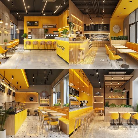 Yellow Cafe Interior, Dessert Cafe Interior, Yellow Coffee Shop, Yellow Restaurant, Mini Cafe, Bakery Store, Bakery Interior, Italian Bakery, Yellow Coffee