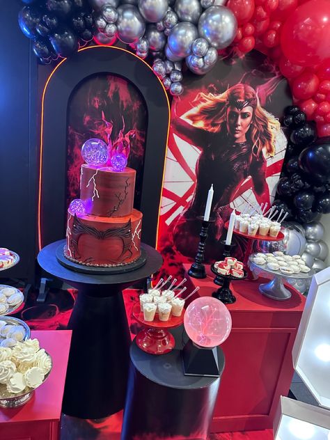 Wanda Maximoff Cake Ideas, Scarlet Witch Party Ideas, Wanda Maximoff Birthday Party, Scarlet Witch Birthday Cake, Scarlet Witch Birthday Party, Scarlet Witch Cake Ideas, Marvel Birthday Ideas, Scarlet Witch Cake, Wanda Cake