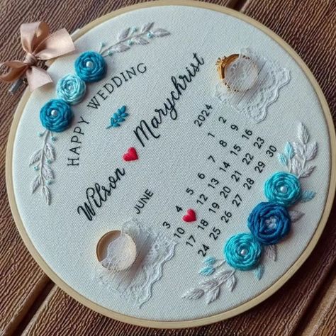 15cm calendar ring holder embroidery 🪡. 💍💙🤍 . . Available in10 and 12 inches ✨ Dm us for order 🎁 . #engagementring #gifthoops💫😍 #embroideryhoopart #handembroidery #memories💕 Embroidery Ring Designs, Embroidery Ring Holder, Embroidery Calendar, Embroidery Ring, Basic Hand Embroidery Stitches, Diy Embroidery Designs, Handmade Embroidery Designs, Balloon Gift, Handmade Embroidery