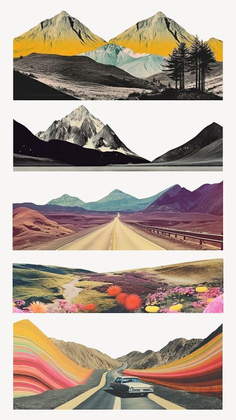 Editable retro mountain landscape design element set | premium image by rawpixel.com / Boom Mountains Collage, Mountain Landscape Design, Retro Landscape, Mountain Vintage, Retro Mountain, Landscape Vintage, Abstract Mountain, Abstract Collage, Collage Vintage