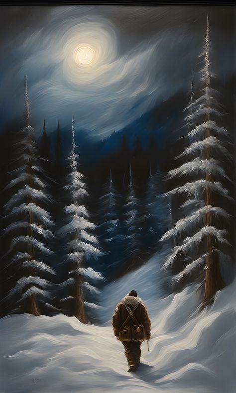 Man in a snow forest, painting Snow Forest Painting, Snow Painting, Snow Illustration, Movie Board, Hiking Men, Snow Forest, Forest Night, Snow Art, Painting Snow