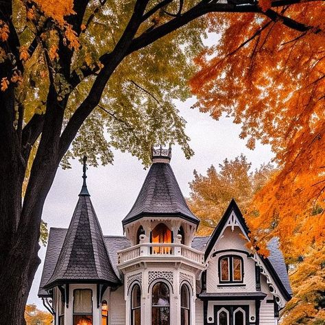 Dina Dennaoui on Instagram: "Which of these fall spaces is your favorite, 1,2,3,4,5,6,7,8,9 or 10? 🖤 I thought I’d share some fall/autumn home & interior design aesthetics~ I tried a slightly lighter theme for this week’s by adding some gothic / victorian architecture details to this set~ 🍂🏡 🖤 Friendly disclaimer~ These fantasy scenes were created using mixed media & programs such as Photoshop, Lightroom, Midjourney prompts and with the use of RF stock images from Unsplash & Pexels~ . . . . . . White Victorian House, Victorian Renovation, Old Mansion, Victorian Interior, British Architecture, White Victorian, Gorgeous Houses, Victorian Cottage, Victorian Mansions