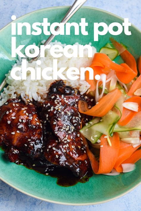 This speedy recipe for Instant Pot Korean Chicken cooks skinless boneless chicken thighs in a sweet, sticky and spicy honey and gochujang marinade, perfect to serve with steamed Jasmine rice and quick pickled veggies. Gochujang Marinade, Quick Pickled Veggies, Sticky Chicken Thighs, Skinless Boneless Chicken Thighs, Instant Pot Korean, Gochujang Chicken, Bbq Chicken Thighs, Korean Chicken, Quick Pickled