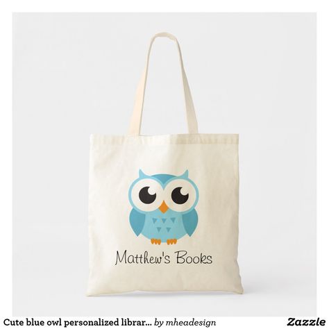 Cactus Bag, Cute Animal Cartoon, Owl Tote Bag, Library Tote Bag, Handpainted Tote Bags, Library Bag, Blue Owl, Book Tote Bag, Cartoon Boy