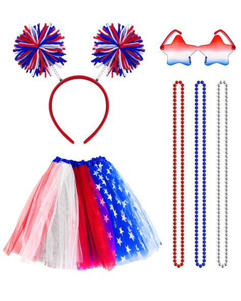 PRICES MAY VARY. 🧡【4th of July Patriotic Set Women Costume Accessories】 You will get 1 Red White Blue Tutu, 1 piece Headbopper, 1 piece Star Sunglasses, 3 piece Necklaces. The fourth of July outfits that will shine at your party, they are the perfect costume accessories for 4th of July Independence Day. Wearing it for patriotic parades can make you on stand out of crowds. 🧡【Fourth of July Tutu Skirt】The 4th of July tutus skirt outfit is made of quality polyester and tulle with fine workmanship Red White And Blue School Spirit Outfit, Red White And Blue Pep Rally Outfits, Red White And Blue Spirit Day, Fourth Of July Outfits, Usa Theme Football Game Tutu, American Flag Party, Patriotic Costumes, Tutu Skirt Outfit, Audition Outfit