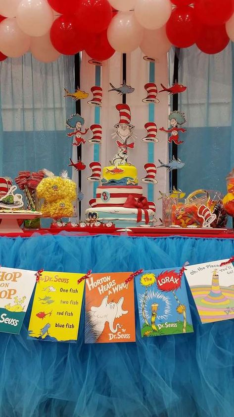 Dr Seuss Birthday Party Ideas | Photo 6 of 11 | Catch My Party Dr Seuss Birthday Party Ideas, Dr Suess Baby, Doctor Suess Birthday, Dr Seuss Party Ideas, Book Banner, Cat In The Hat Party, Dr Seuss Birthday Party, Dr Seuss Baby Shower, Dr. Seuss