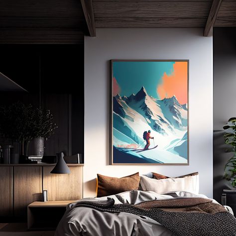 Colorado Bedroom Ideas, Skiing Wall Art, Ski Themed Bedroom, Ski Chalet Bedroom, Skiing Artwork, Modern Mountain Bedroom, Ski Bedroom, Colorado Bedroom, Modern Ski Lodge