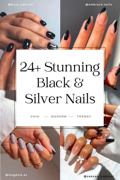 24+ stunning black and silver nail design ideas for fall 2023. Want the perfect fall nails? We have the perfect black and silver nail designs and art inspiration for coffin nails, short nails, nail art, almond nails, and more. Click through for all of the fall nail style inspo for the black and silver nail trend. Fall nails 2023, fall manicure Silver With Black Nails, Black And Silver Glitter Nail Designs, Black And Silver Almond Nails Designs, Matte Black And Silver Nails, Black And Silver Nail Designs Short, Silver And Black Nails Ideas, Black Gold Silver Nails, Silver Nail Inspiration, Black And Grey Nail Ideas