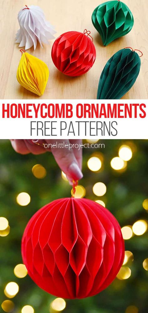 Honeycomb Baubles Diy, Diy Christmas Paper Decorations Easy, Vintage Paper Ornaments Diy, Paper Ornaments Christmas Diy, Vintage Paper Christmas Ornaments, Diy Christmas Ornaments Easy Fun, Paper Ornaments Template, Honeycomb Paper Diy, How To Make Paper Christmas Ornaments